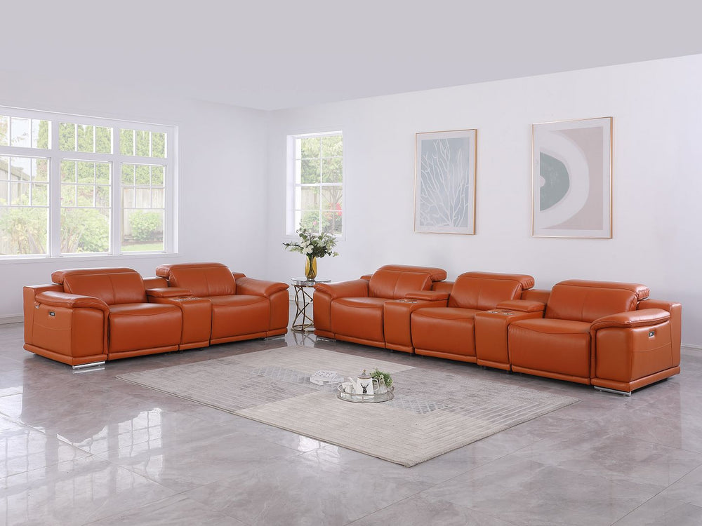 DivanItalia 9762 8-Piece Modular Power Reclining Sofa and Console Loveseat Set with Top Grain Italian Leather - Camel