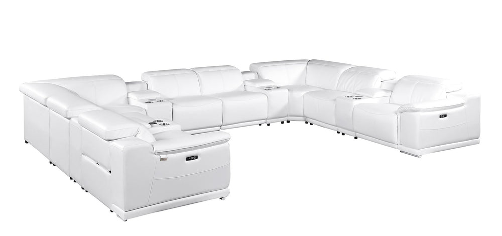 DivanItalia 9762 12-Piece U Shaped Top Grain Italian Leather Sectional Sofa with 4 Power Recliners - White