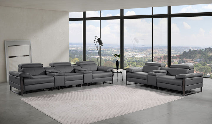 DivanItalia 1246 Modular Power Reclining Dual Console Sofa and Console Loveseat Set with Power Headrests – Top Grain Italian Leather - Dark Gray