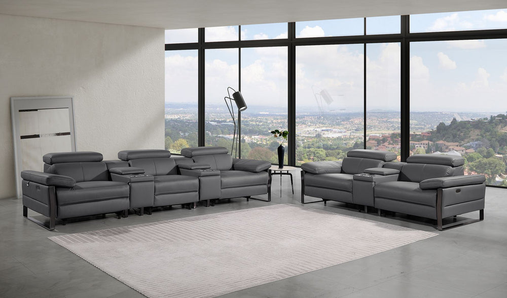 DivanItalia 1246 Modular Power Reclining Dual Console Sofa and Console Loveseat Set with Power Headrests – Top Grain Italian Leather - Dark Gray