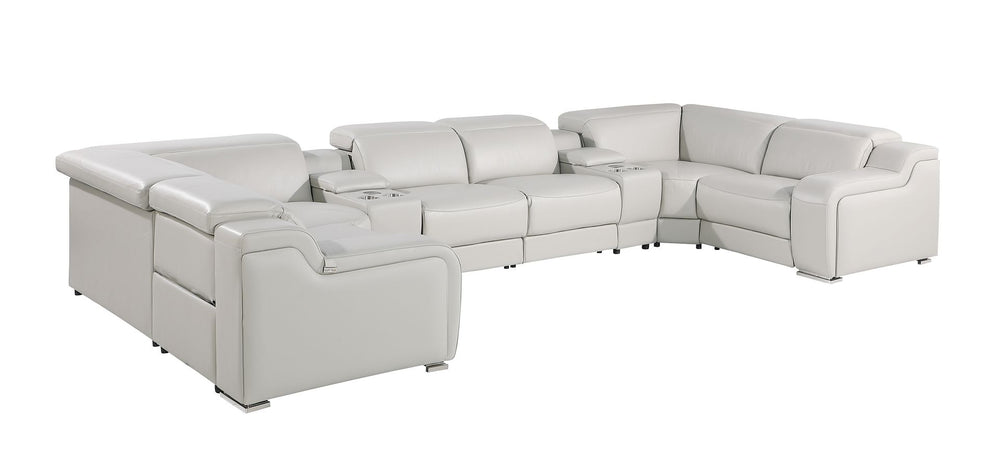 DivanItalia 1116 8-Piece U-Shaped Sectional Sofa in Top Grain Italian Leather with 2 Power Recliners & Power Headrests – with Console - Light Gray
