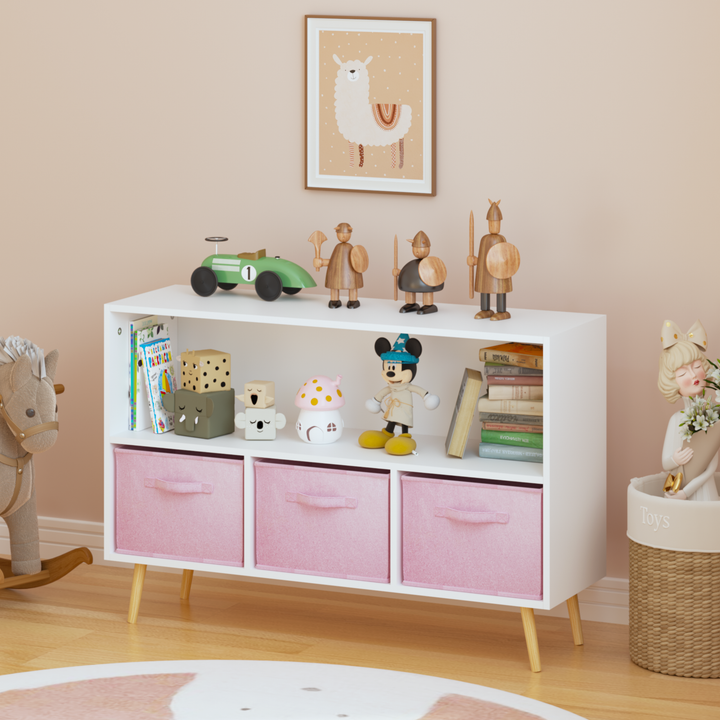 modern-kids-bookcase-with-collapsible-fabric-drawers-childrens-book-display-toy-storage-white-pink-mdf-pine-legs