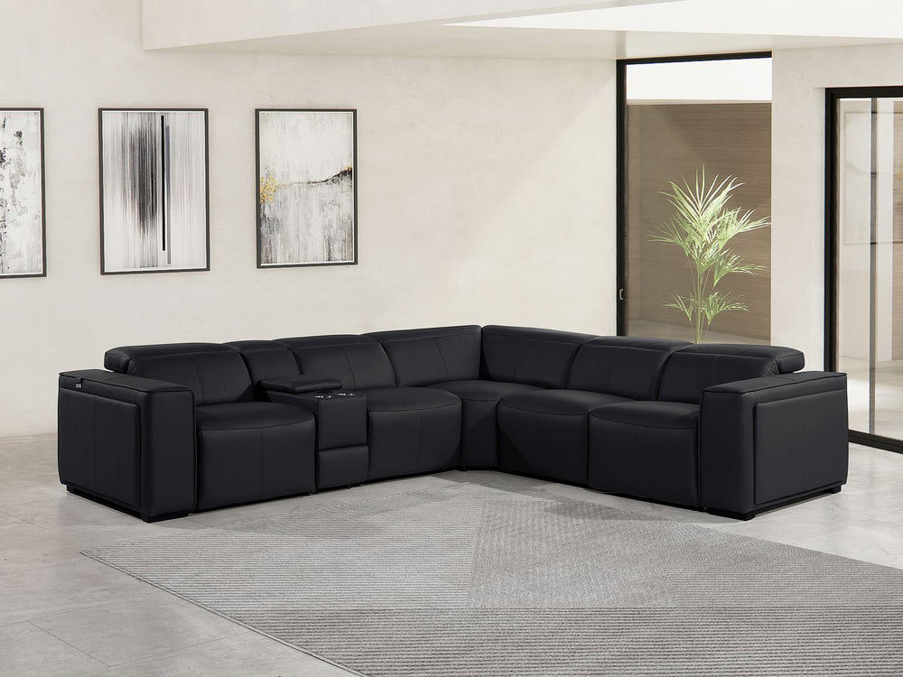 DivanItalia 1224 6-Piece L-Shaped Sectional Sofa in Top Grain Italian Leather with 3 Power Recliners & Power Headrests - Black