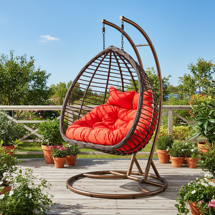 Double Seater Hanging Brown Basket with Grey Cushion