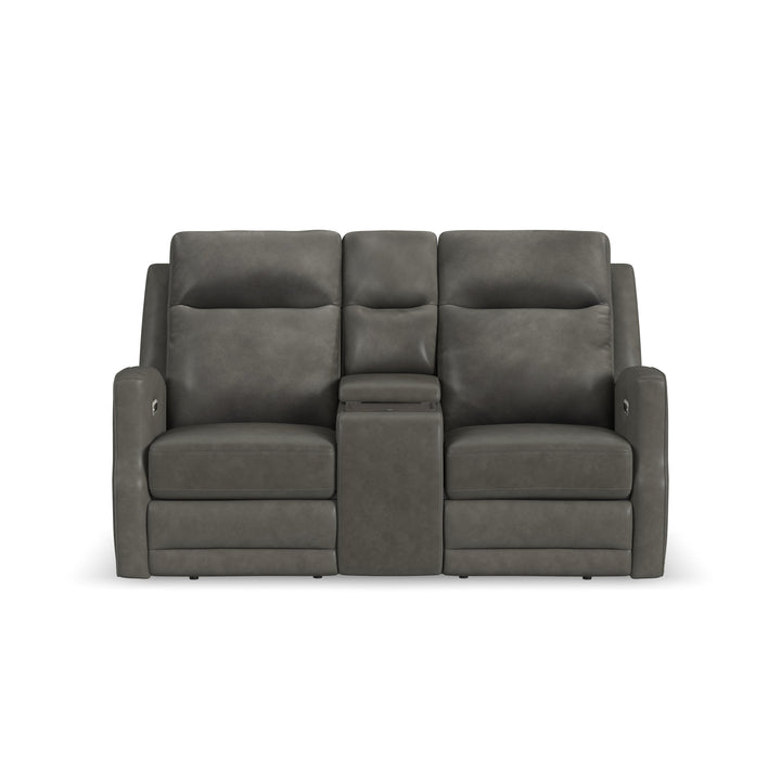 Maxwell Leather Power Reclining Loveseat with Console, Power Headrests and Lumbar in Cinder