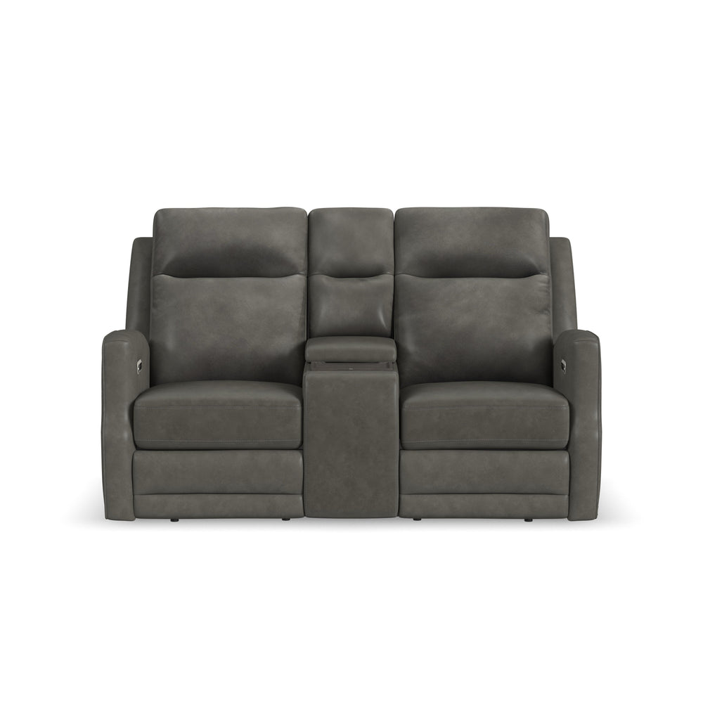 Maxwell Leather Power Reclining Loveseat with Console, Power Headrests and Lumbar in Cinder