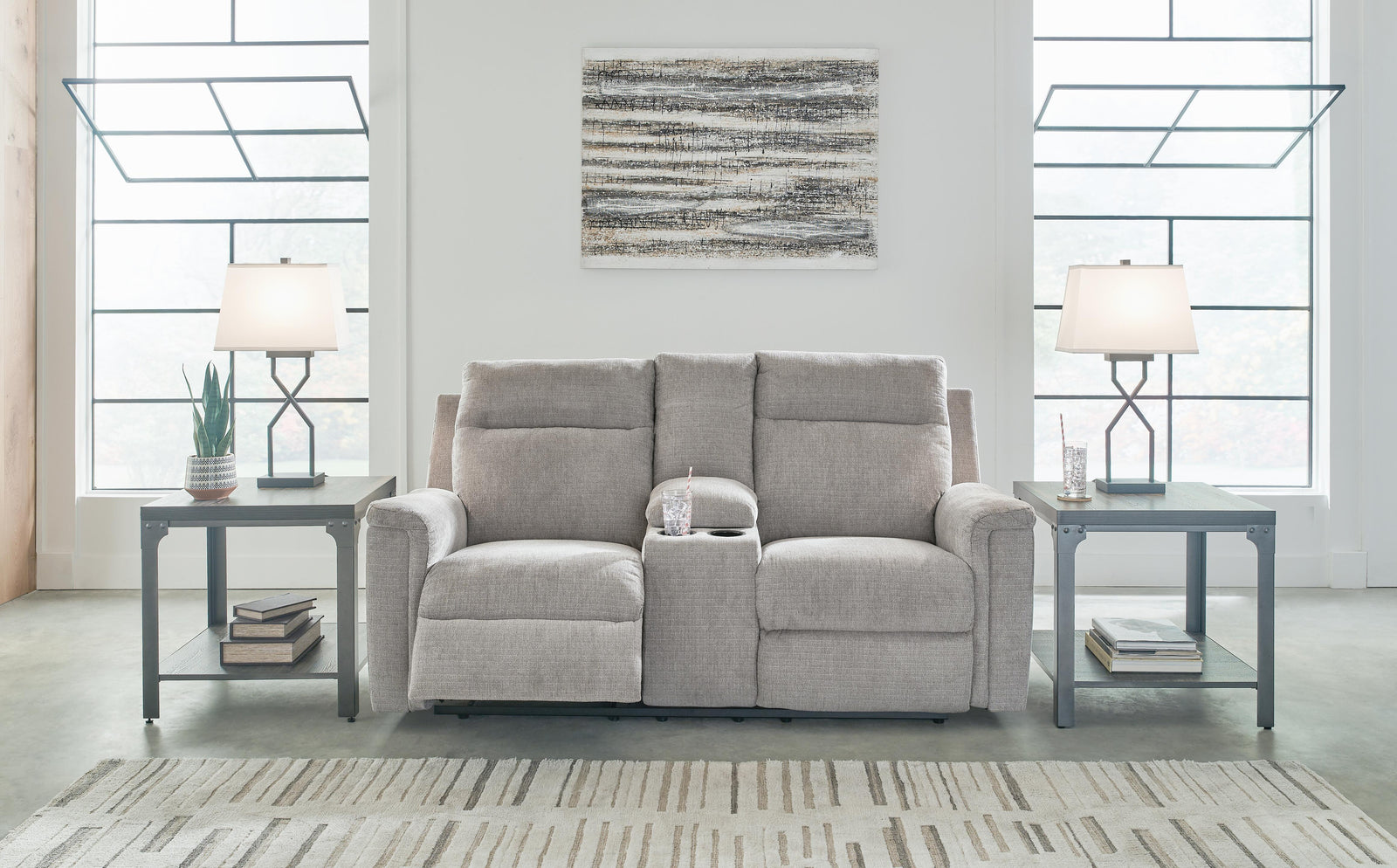Barnsana Power Reclining Loveseat with Console - Pearl Silver (2)