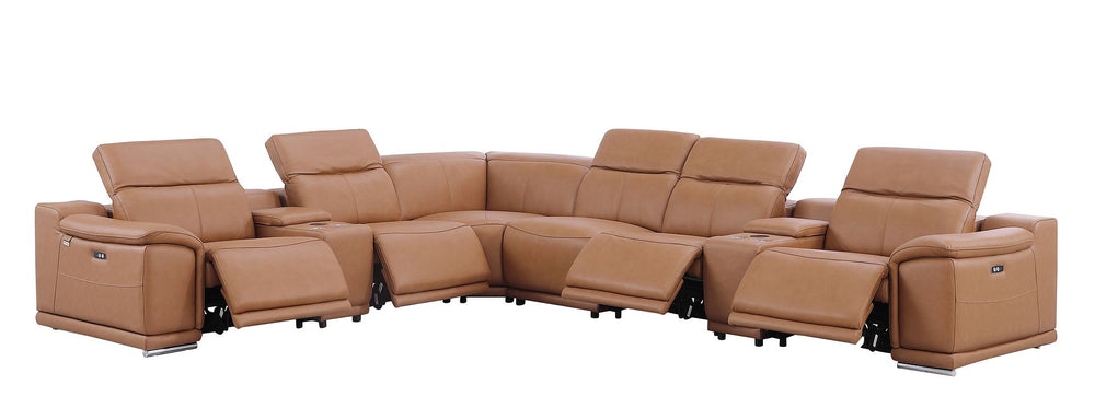 DivanItalia 9762 8-Piece L Shaped Top Grain Italian Leather Sectional Sofa with 4 Power Recliners - Cognac