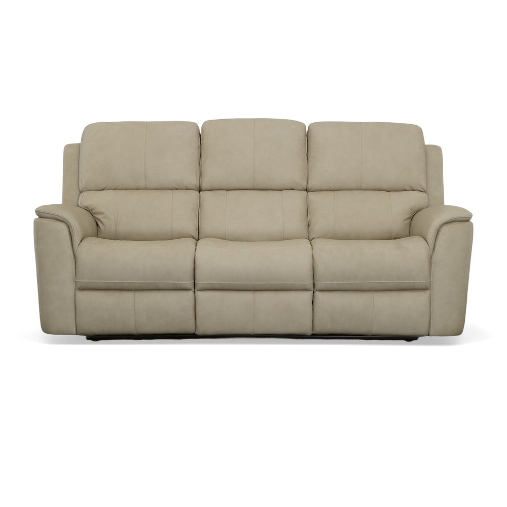 Flexsteel Henry Beige Leather Power Reclining Sofa with Power Headrests & Lumbar