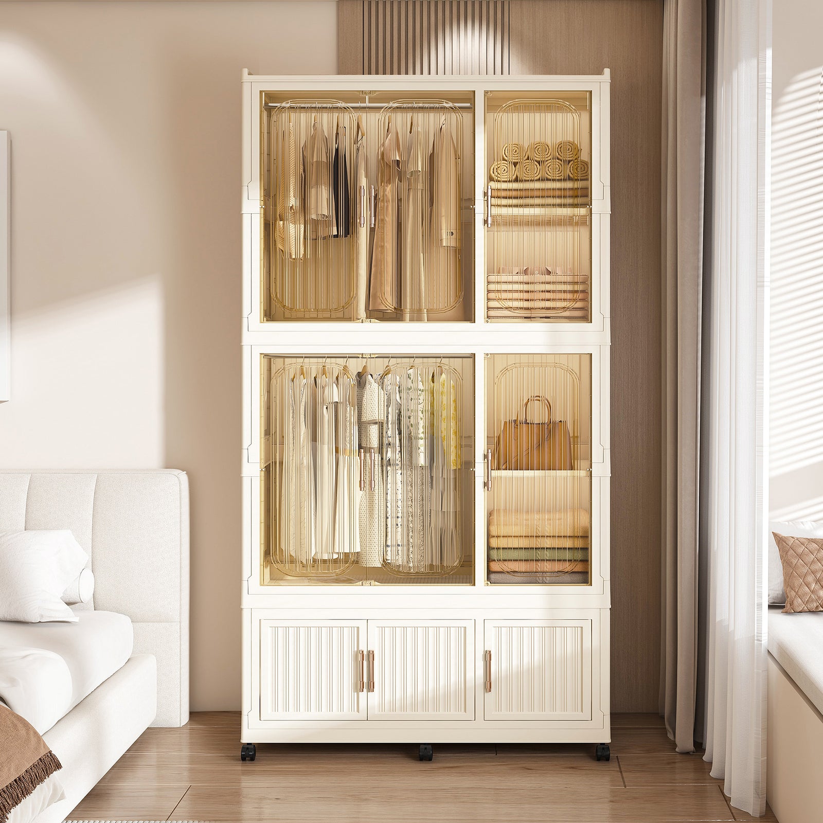 Portable Wardrobe Closet Storage Organizer for Clothes,Clothes Dresser,9 Magnetic Doors-9 Cubes & 2 Hanging Rod,6 pcs hangers , Baby Wardrobe Storage Cabinet,White