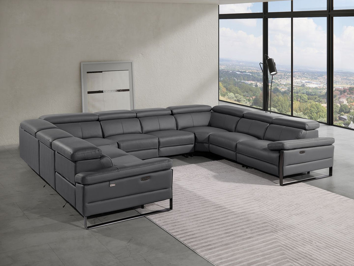 DivanItalia 1246 8-Piece U-Shaped Modular Power Reclining Sectional with 4 Power Recliners and Power Headrests – Top Grain Italian Leather – No Console - Dark Gray