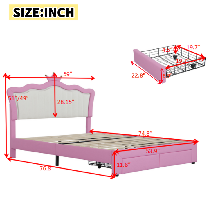 full-size-upholstered-princess-bed-frame-with-led-lights-crown-headboard-and-2-drawers-pink-white