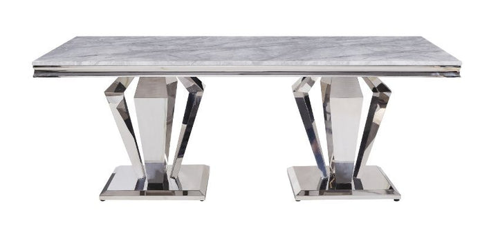 Satinka - Dining Table - Light Gray Printed Faux Marble Top & Mirrored Silver