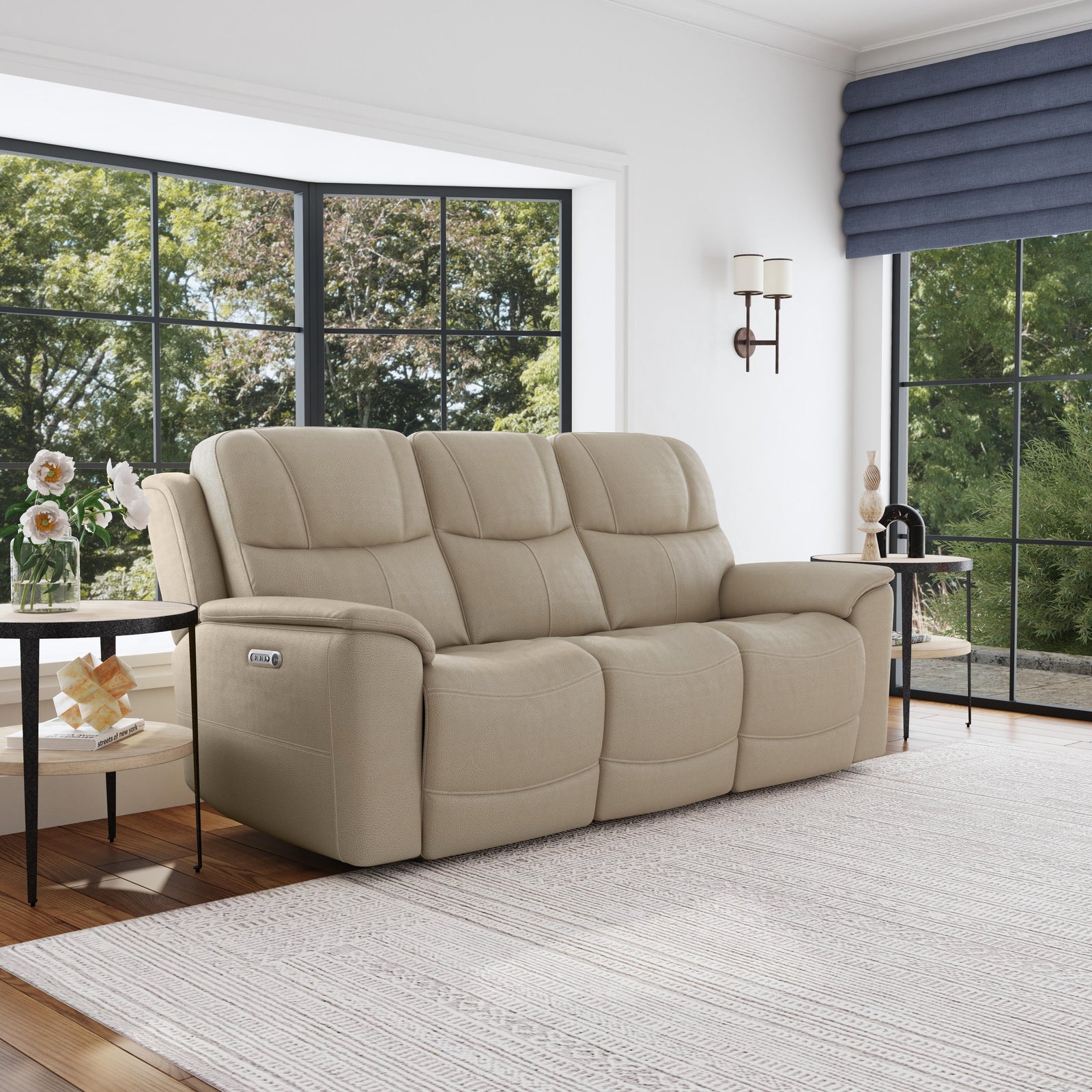 Crew Leather Power Reclining Sofa with Power Headrests & Lumbar in Pebble