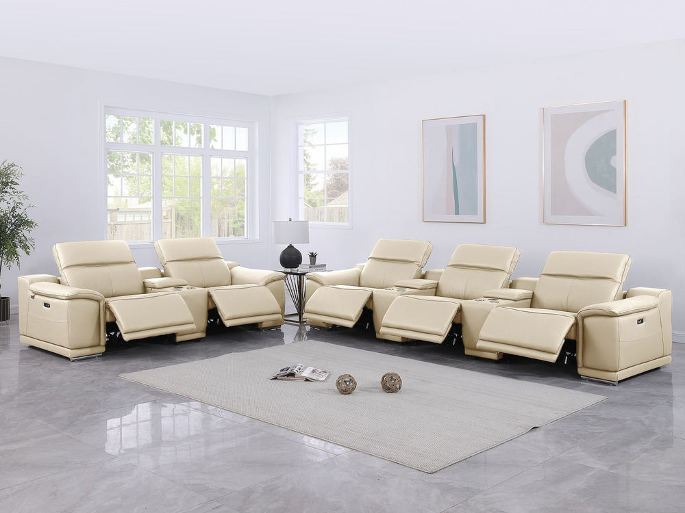 DivanItalia 9762 8-Piece Modular Power Reclining Sofa and Console Loveseat Set with Top Grain Italian Leather - Beige