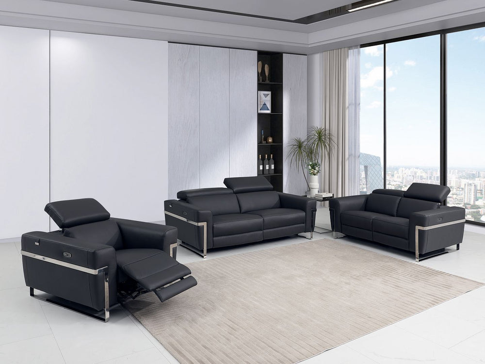 DivanItalia 990 Power Reclining 3-Piece Sofa Set with Power Headrest in Top-Grain Italian Leather - Dark Gray