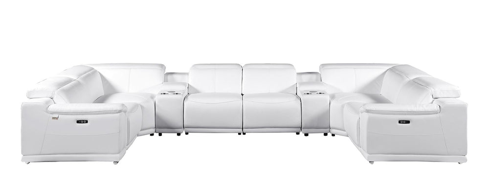 DivanItalia 9762 8-Piece U Shaped Top Grain Italian Leather Sectional Sofa with 2 Power Recliners - White
