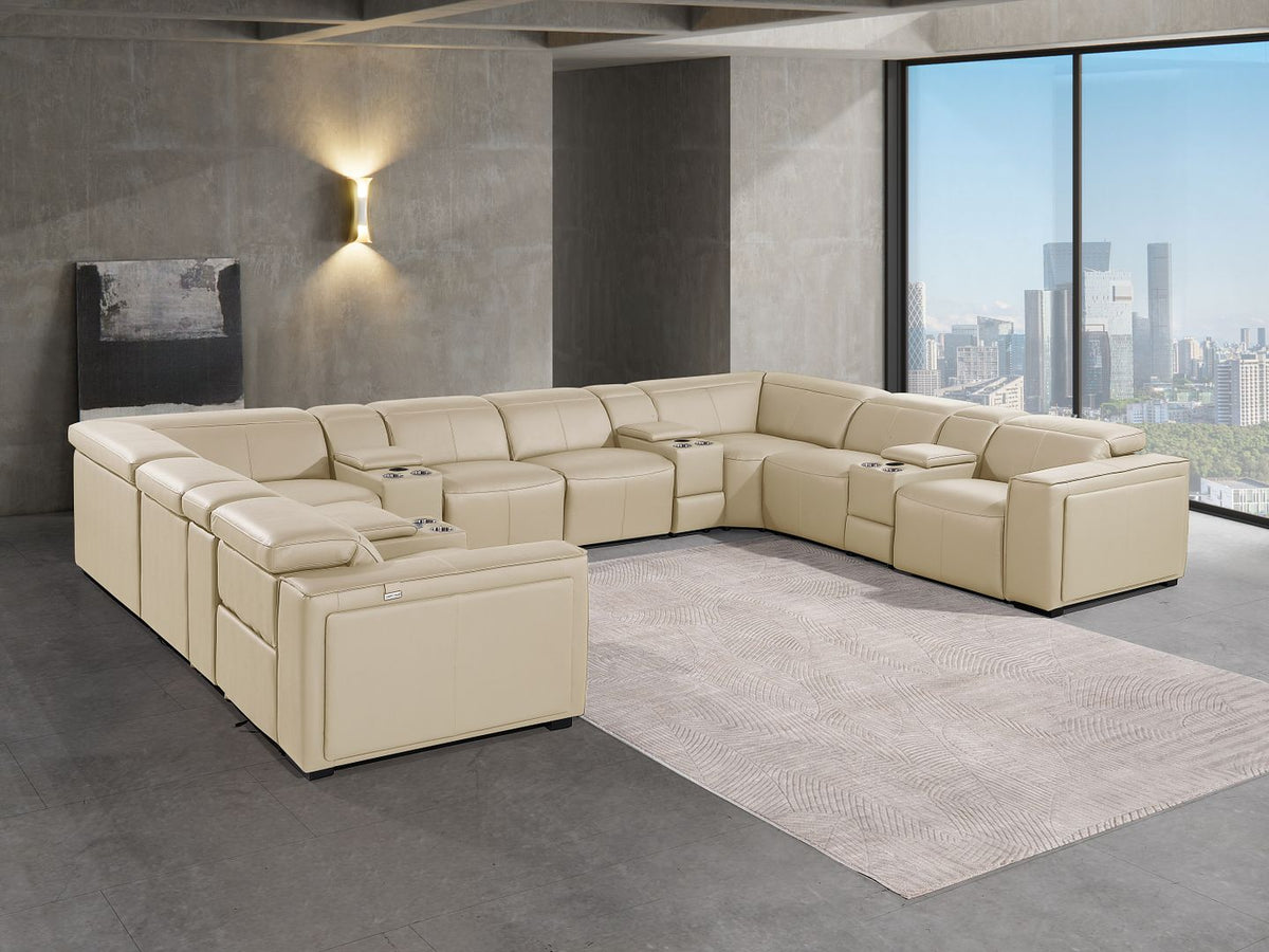 DivanItalia 1224 12-Piece U-Shaped Sectional Sofa in Top Grain Italian Leather with 4 Power Recliners & Power Headrests - Beige