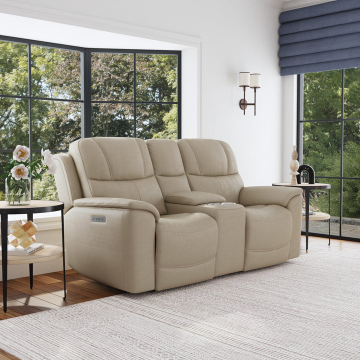 Crew Leather Power Reclining Loveseat with Console, Power Headrests &amp; Lumbar in Pebble
