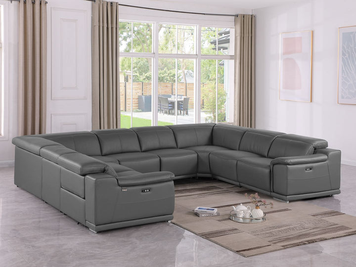 DivanItalia 9762 8-Piece U Shaped Top Grain Italian Leather Sectional Sofa with 4 Power Recliners – No Console - Dark Gray