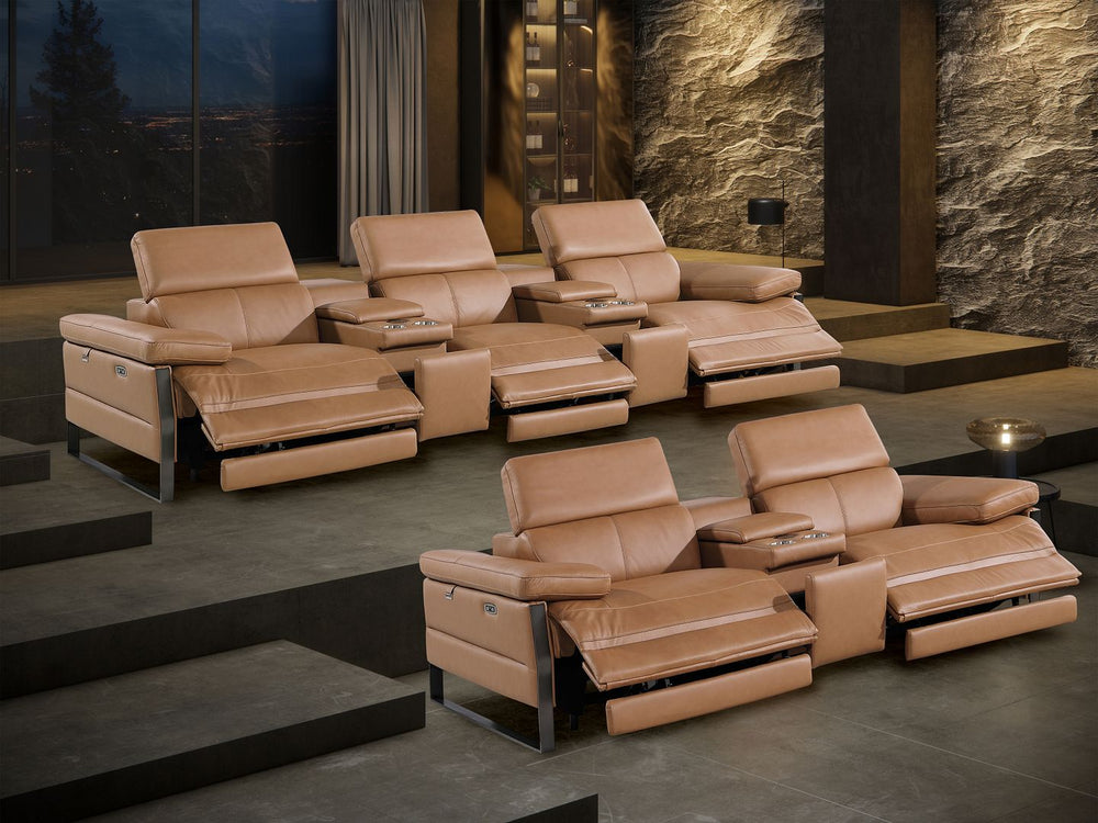 DivanItalia 1246 Modular Power Reclining Dual Console Sofa and Console Loveseat Set with Power Headrests – Top Grain Italian Leather - Cognac