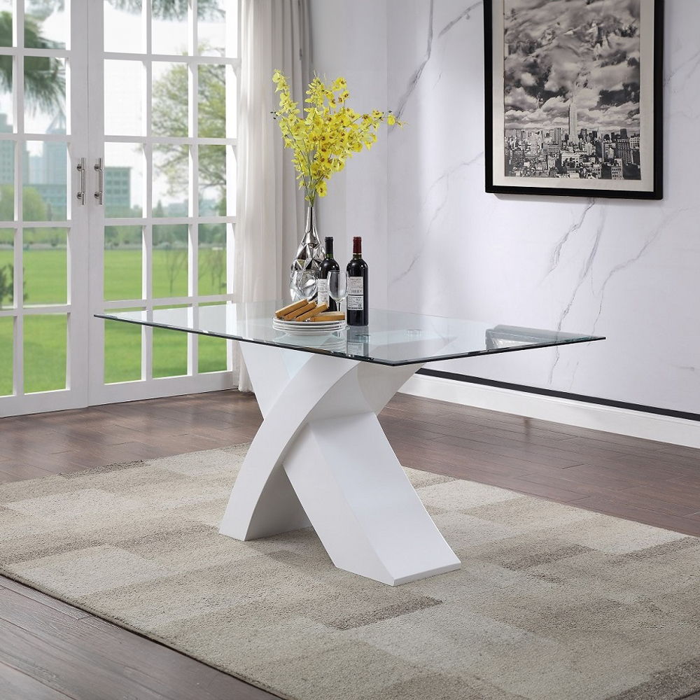 Pervis - Dining Table - Clear Glass Top & White High Gloss