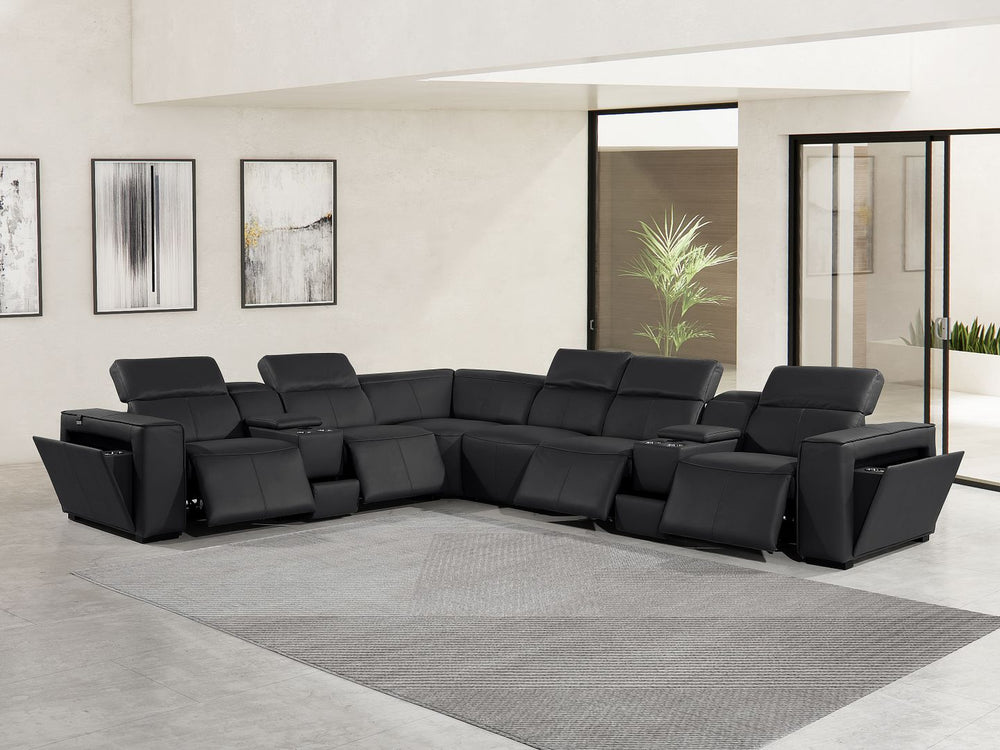 DivanItalia 1224 8-Piece U-Shaped Sectional Sofa in Top Grain Italian Leather with 4 Power Recliners & Power Headrests – with Console - Black