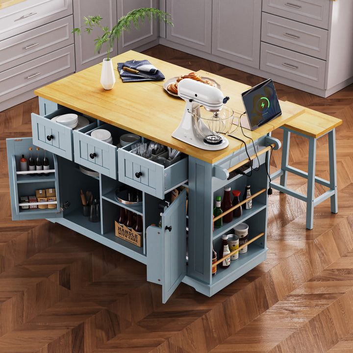 53" Large Blue Kitchen Island Cart with Drop Leaf, Power Outlet, Storage Racks &amp; 5 Wheels