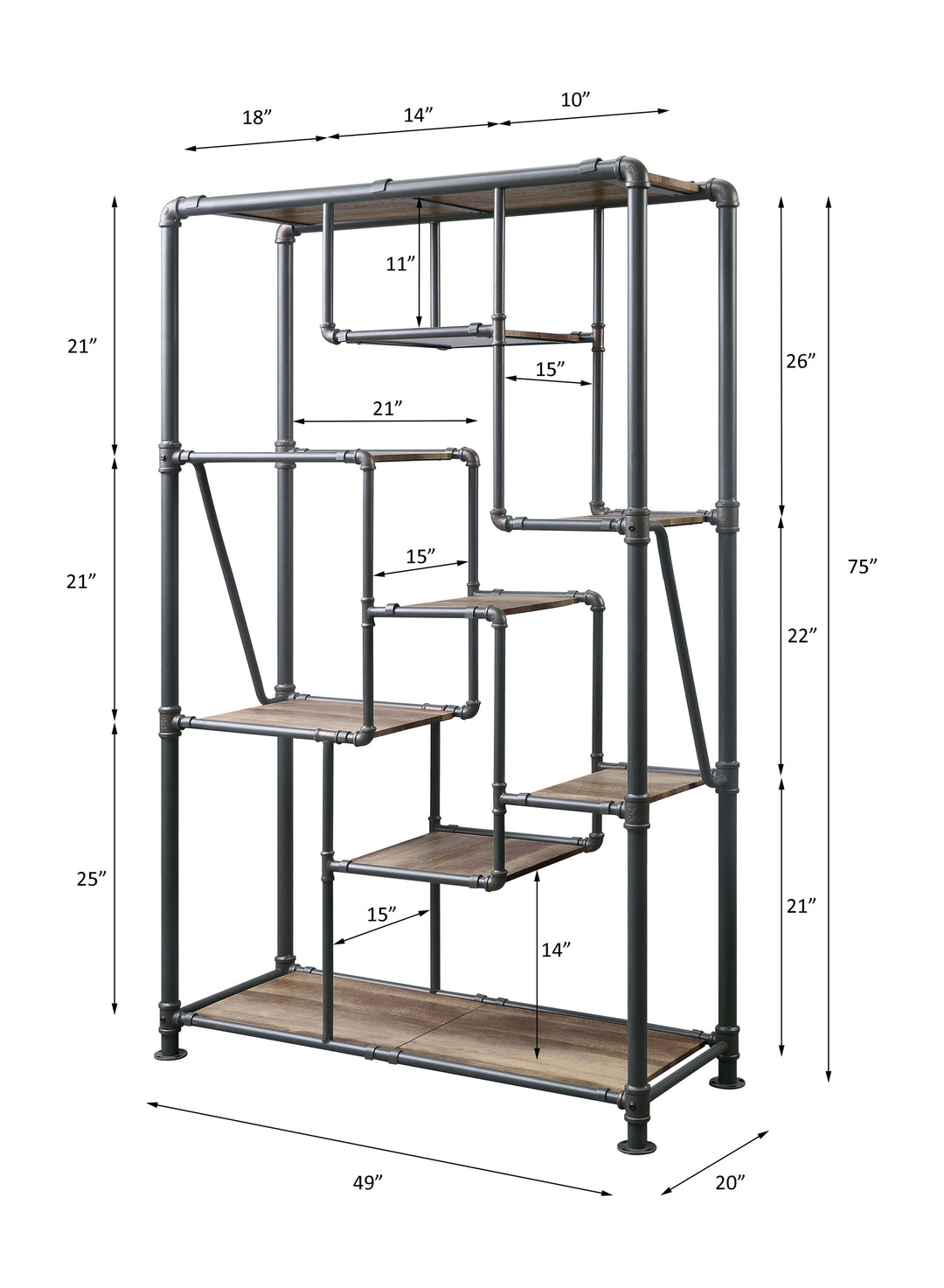 Brantley Bookshelf in Antique Oak & Sandy Gray - line drawing