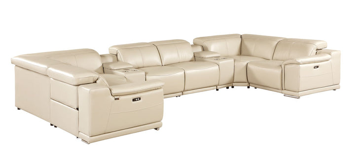 DivanItalia 9762 8-Piece U Shaped Top Grain Italian Leather Sectional Sofa with 4 Power Recliners – with Console - Beige