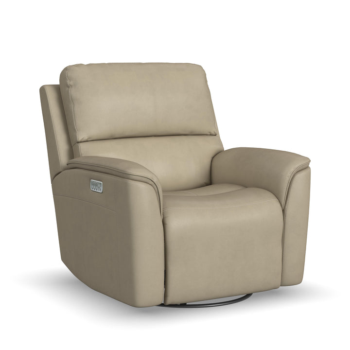 Flexsteel Henry Beige Leather Power Swivel Glider Recliner with Power Headrest, Lumbar, Heat &amp; Massage