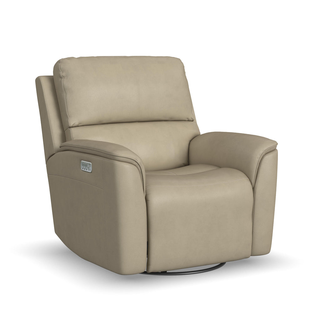 Flexsteel Henry Beige Leather Power Swivel Glider Recliner with Power Headrest, Lumbar, Heat & Massage