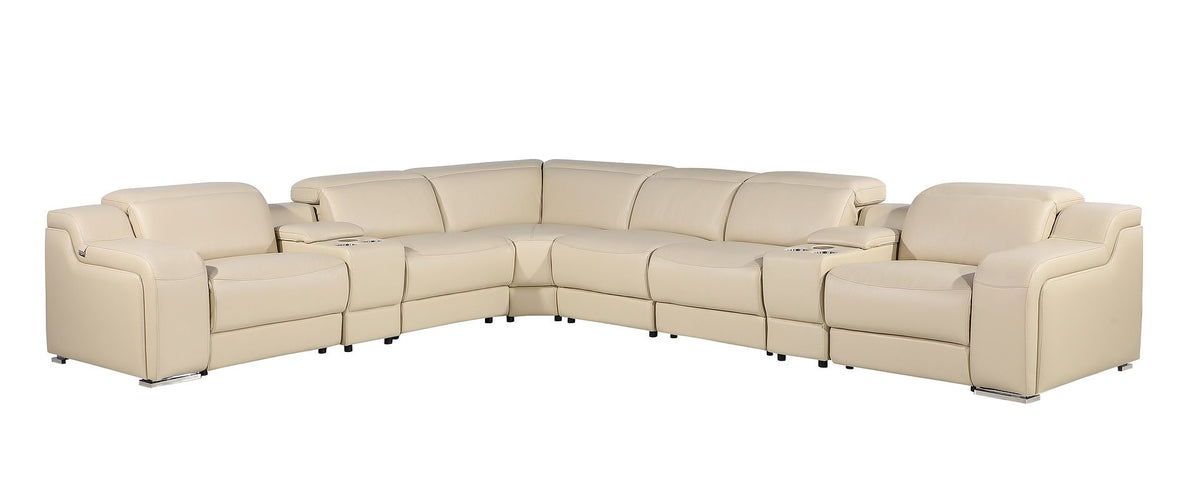 DivanItalia 1116 8-Piece L-Shaped Sectional Sofa in Top Grain Italian Leather with 4 Power Recliners & Power Headrests - Beige