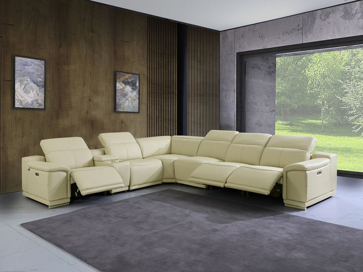 DivanItalia 9762 7-Piece L Shaped Top Grain Italian Leather Sectional Sofa with 3 Power Recliners - Beige