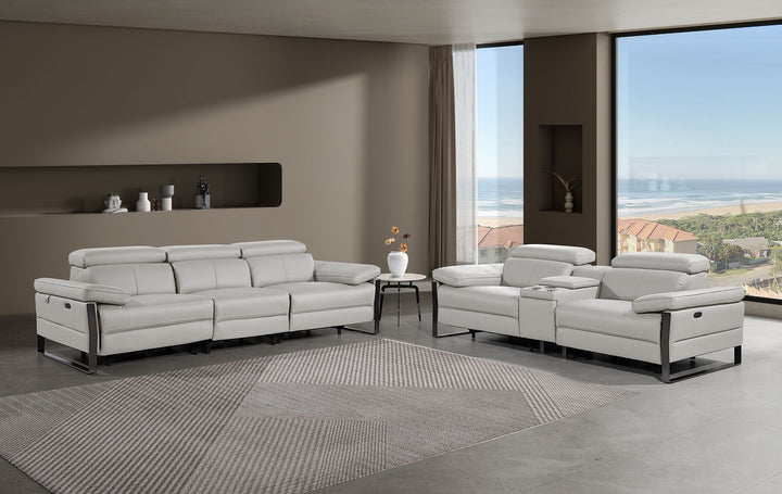 DivanItalia 1246 Modular Power Triple Reclining Sofa and Console Loveseat Set with Power Headrests – Top Grain Italian Leather - Light Gray