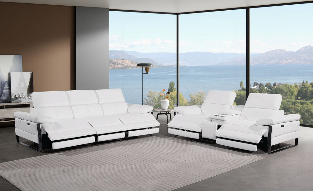 DivanItalia 1246 Modular Power Triple Reclining Sofa and Console Loveseat Set with Power Headrests – Top Grain Italian Leather - White