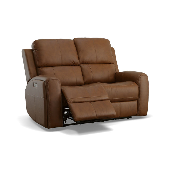 Linden Leather Power Reclining Loveseat with Power Headrests &amp; Lumbar in Caramel
