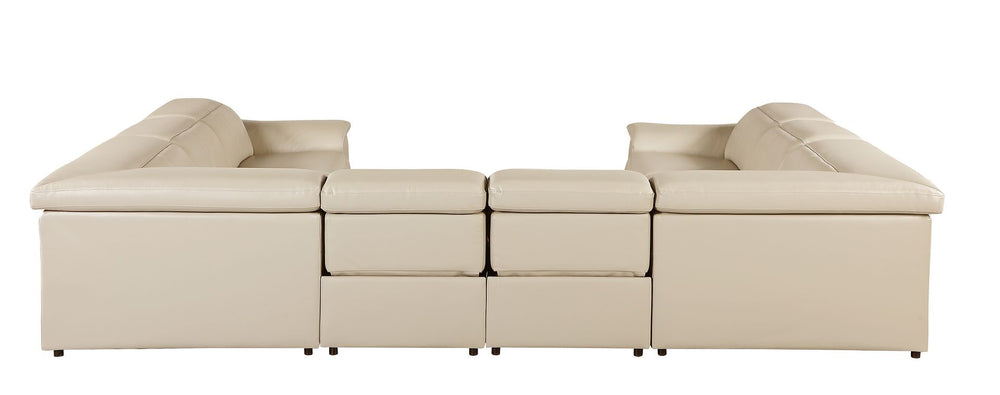 DivanItalia 9762 8-Piece U Shaped Top Grain Italian Leather Sectional Sofa with 4 Power Recliners – No Console - Beige