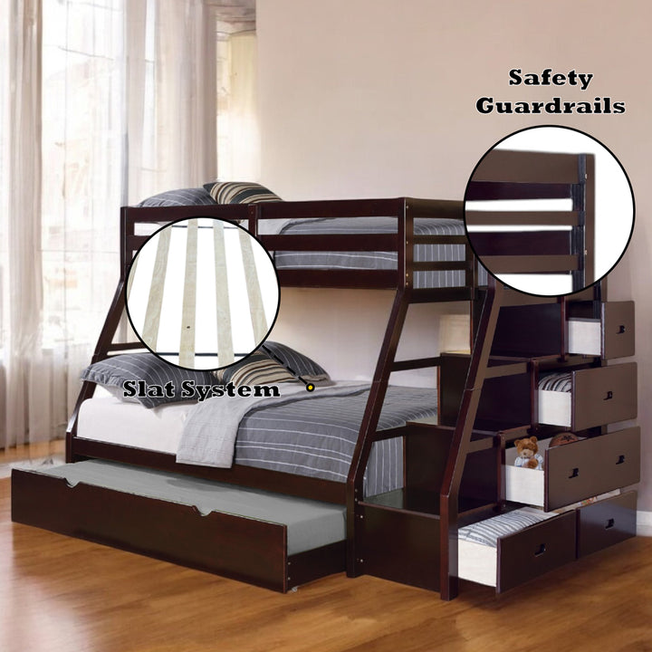 Jason Twin/Full Bunk Bed with Trundle &amp; Storage in Espresso - features