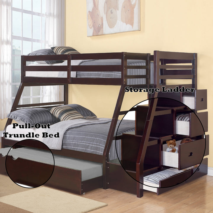 Jason Twin/Full Bunk Bed with Trundle &amp; Storage in Espresso - features