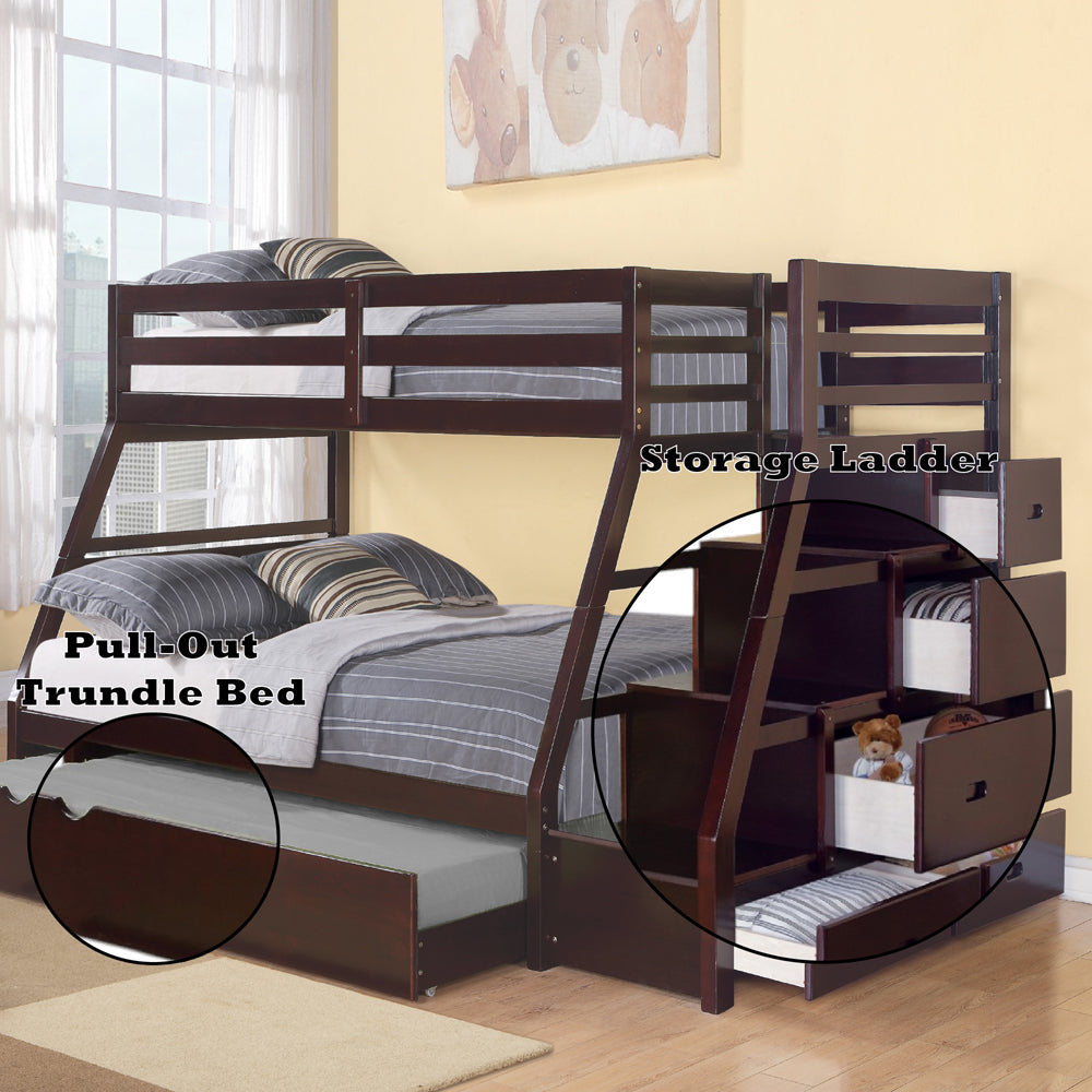 Jason Twin/Full Bunk Bed with Trundle & Storage in Espresso - features