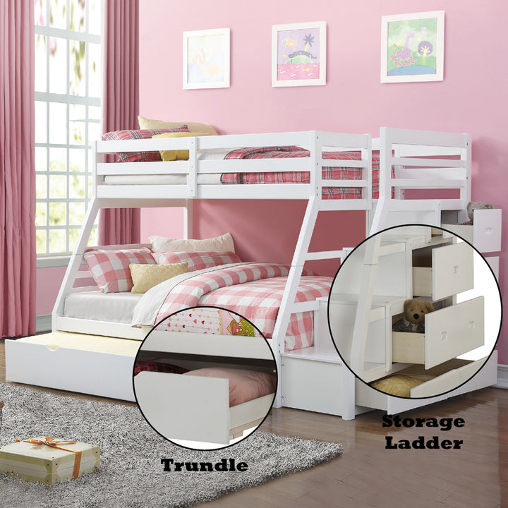 Jason Twin/Full Bunk Bed with Trundle &amp; Storage in White - features