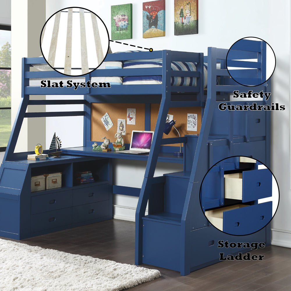 Jason II Twin Loft Bed with Storage in Navy Blue - features
