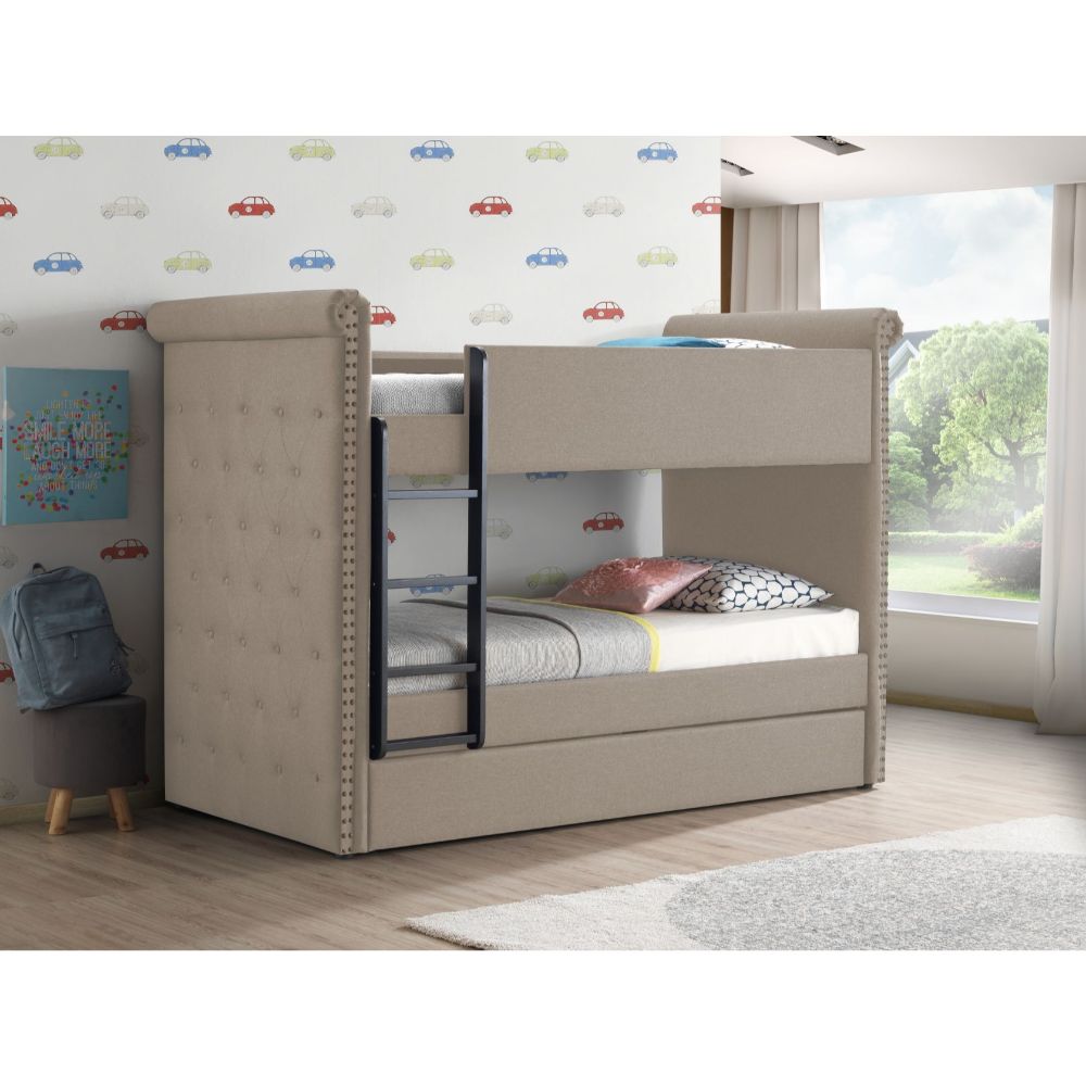 Romana II Twin/Twin Bunk Bed with Trundle in Beige Fabric