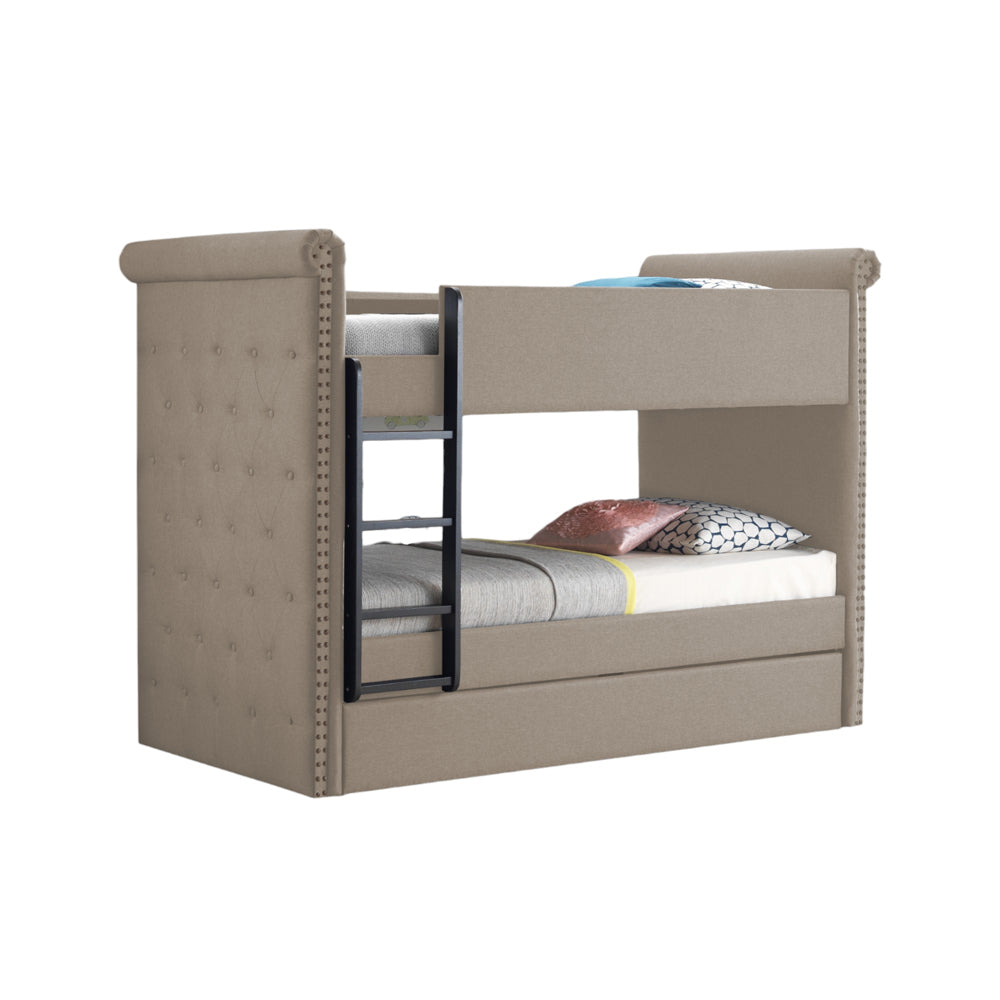 Romana II Twin/Twin Bunk Bed with Trundle in Beige Fabric