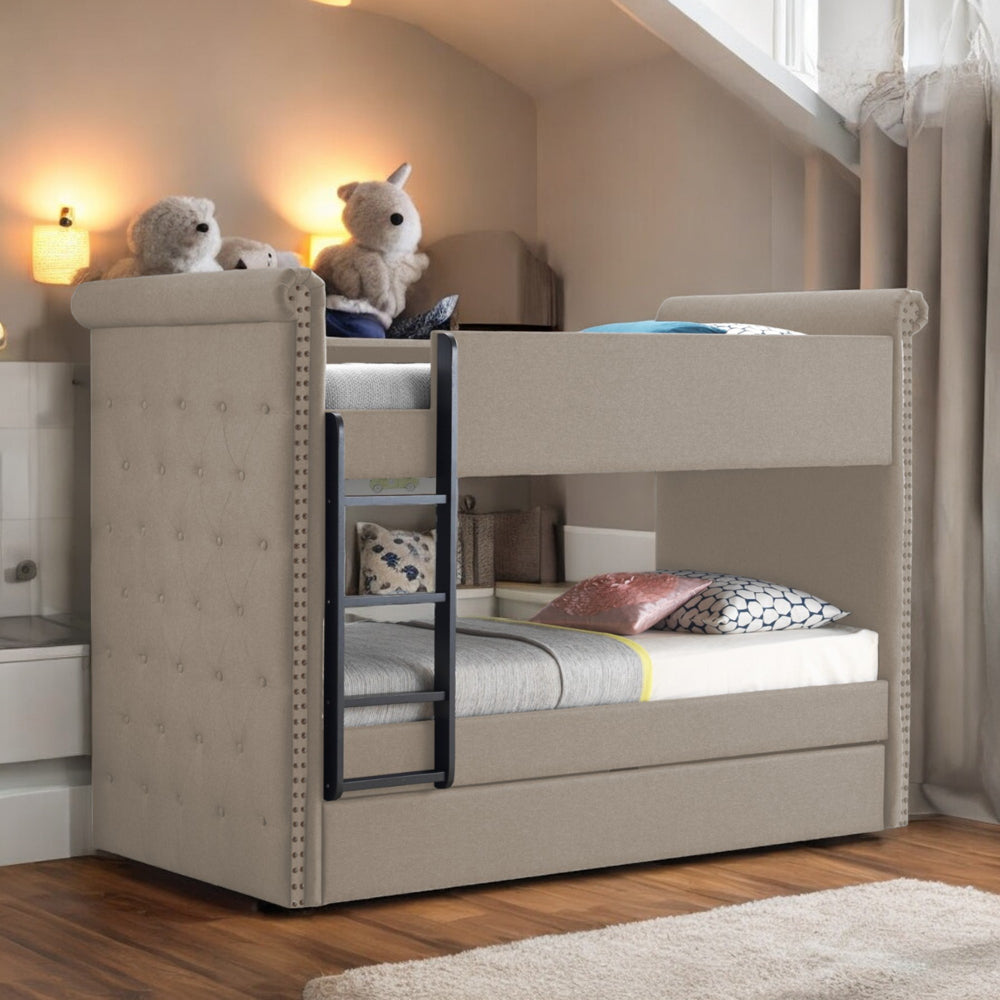 Romana II Twin/Twin Bunk Bed with Trundle in Beige Fabric