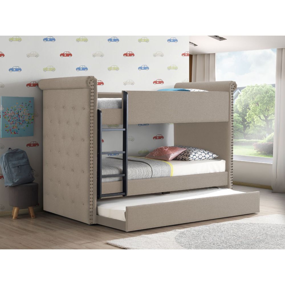 Romana II Twin/Twin Bunk Bed with Trundle in Beige Fabric