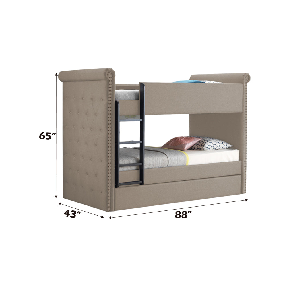 Romana II Twin/Twin Bunk Bed with Trundle in Beige Fabric - dimensions