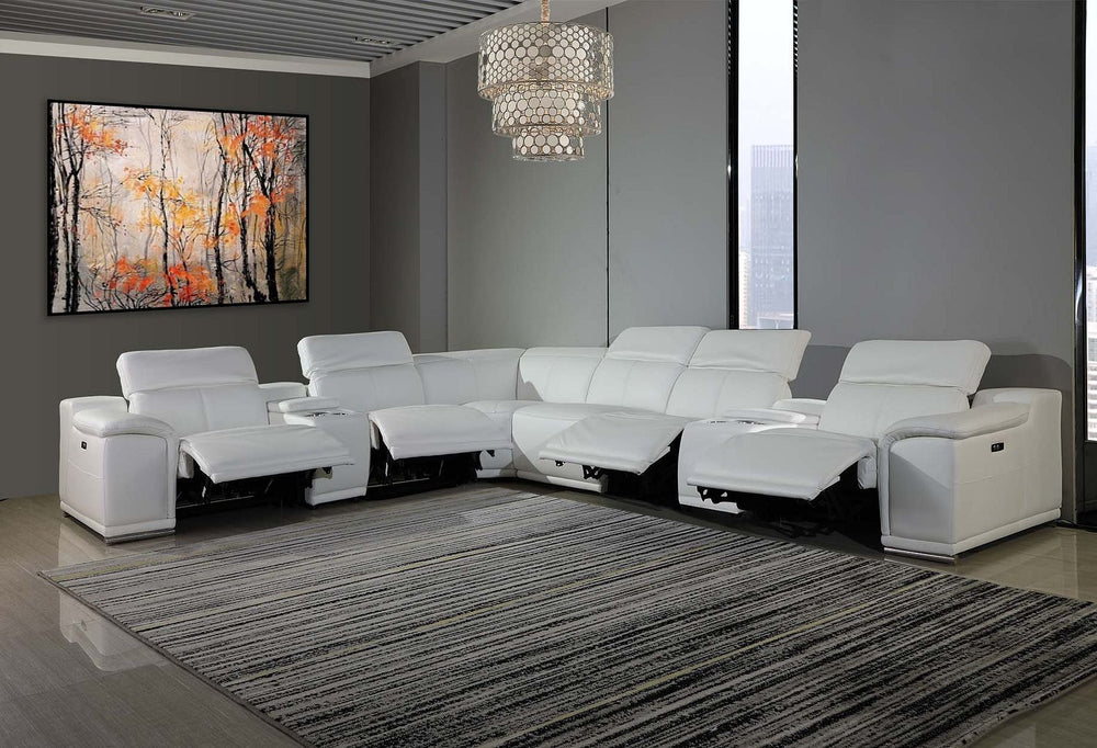 DivanItalia 9762 8-Piece L Shaped Top Grain Italian Leather Sectional Sofa with 4 Power Recliners - White