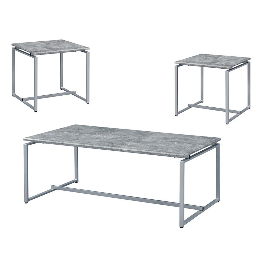 Jurgen - 3 Piece Coffee & End Set - Faux Concrete Top & Silver